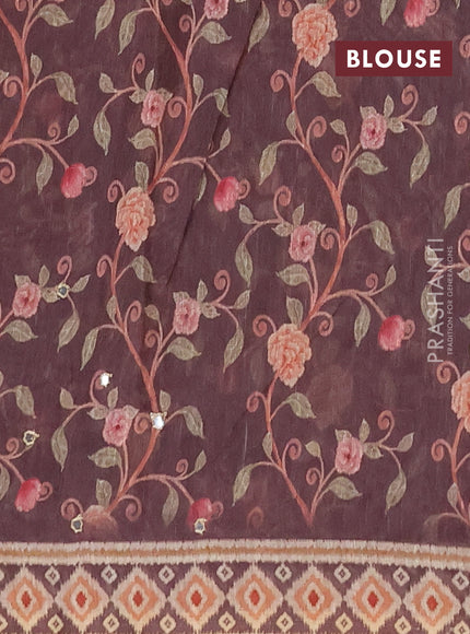 Linen cotton saree pastel brown and brown with plain body and printed mirror work border