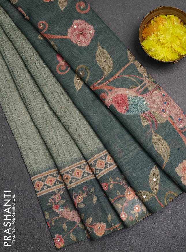 Linen cotton saree green shade and peacock green with plain body and printed mirror work border