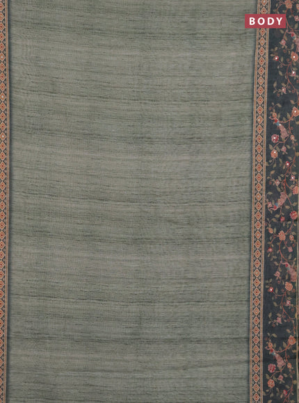 Linen cotton saree green shade and peacock green with plain body and printed mirror work border