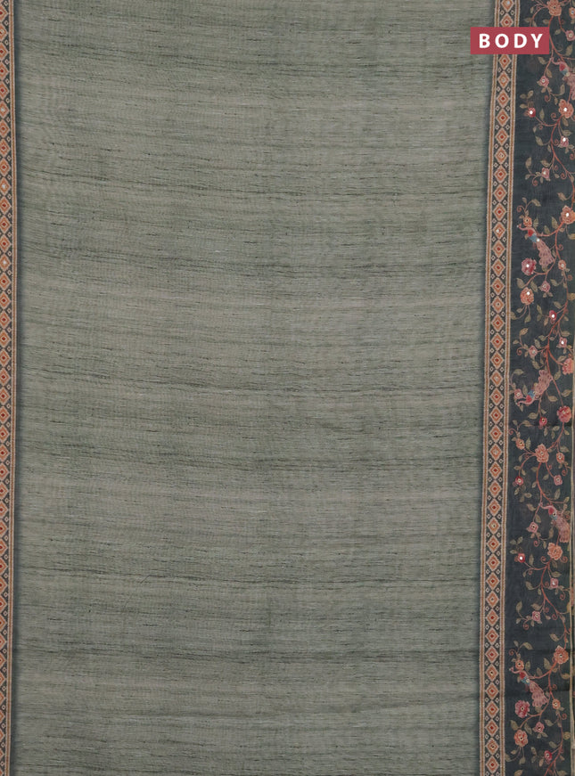 Linen cotton saree green shade and peacock green with plain body and printed mirror work border