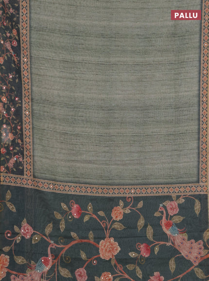 Linen cotton saree green shade and peacock green with plain body and printed mirror work border