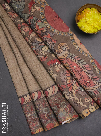Linen cotton saree beige and grey with plain body and printed mirror work border