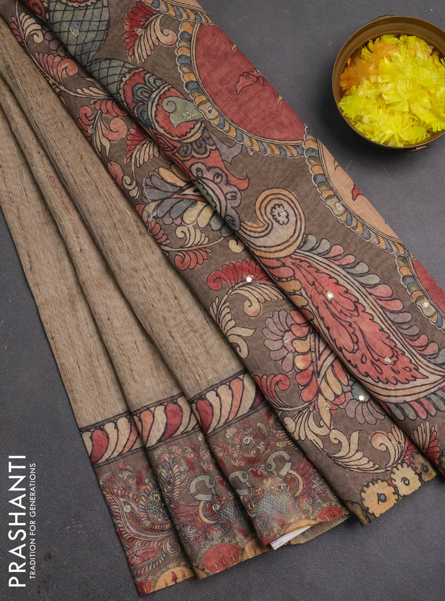 Linen cotton saree beige and grey with plain body and printed mirror work border