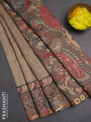 Linen cotton saree beige and grey with plain body and printed mirror work border
