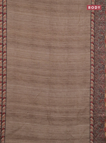 Linen cotton saree beige and grey with plain body and printed mirror work border