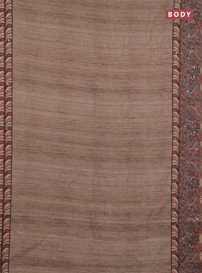 Linen cotton saree beige and grey with plain body and printed mirror work border