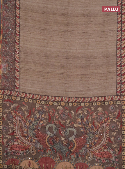 Linen cotton saree beige and grey with plain body and printed mirror work border