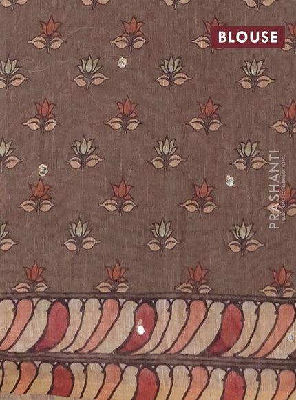 Linen cotton saree beige and grey with plain body and printed mirror work border