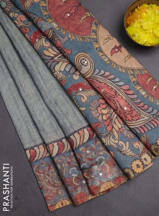Linen cotton saree bluish grey and grey with plain body and printed mirror work border