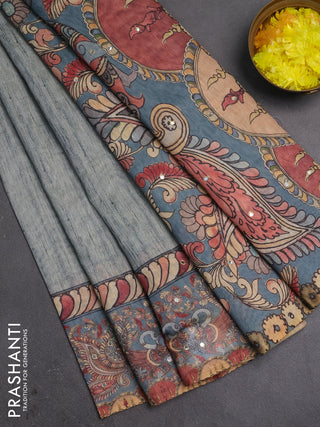 Linen cotton saree bluish grey and grey with plain body and printed mirror work border