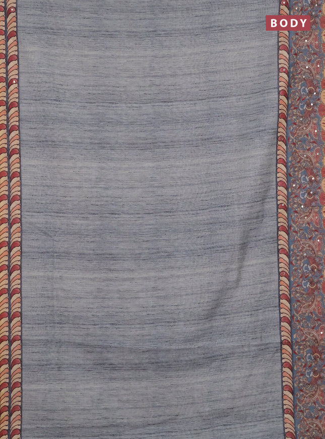 Linen cotton saree bluish grey and grey with plain body and printed mirror work border