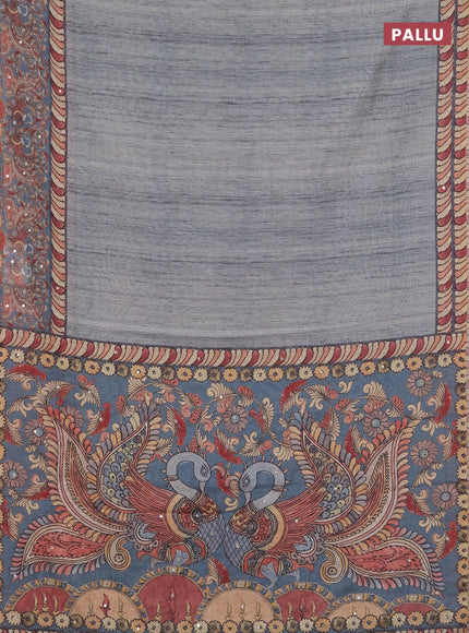 Linen cotton saree bluish grey and grey with plain body and printed mirror work border