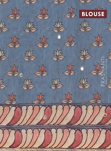 Linen cotton saree bluish grey and grey with plain body and printed mirror work border