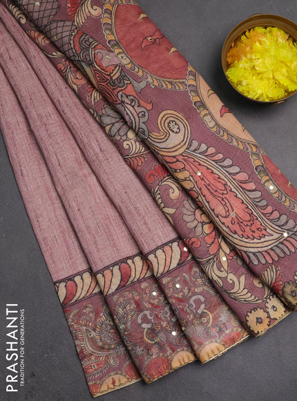 Linen cotton saree pastel pink with plain body and printed mirror work border