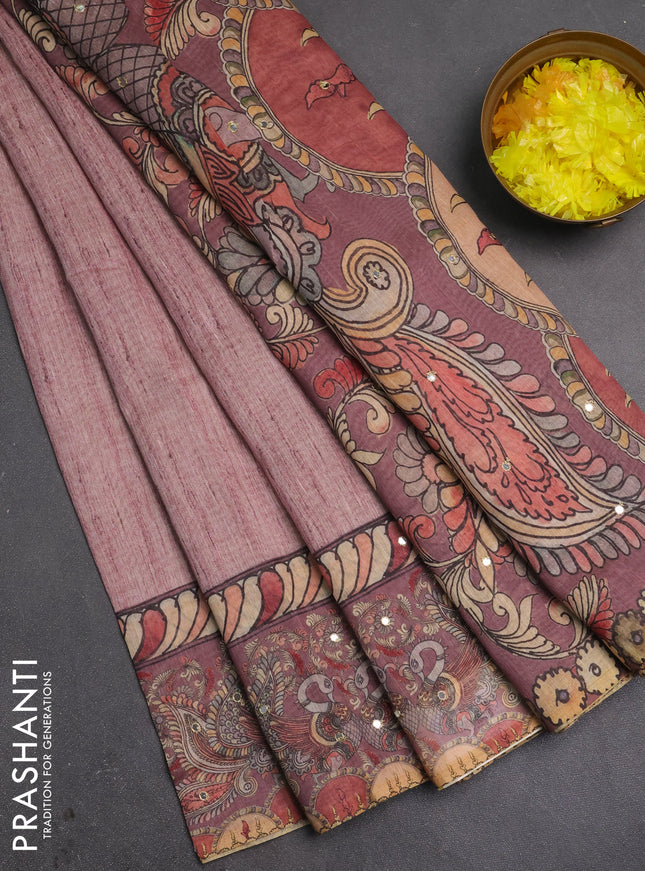 Linen cotton saree pastel pink with plain body and printed mirror work border