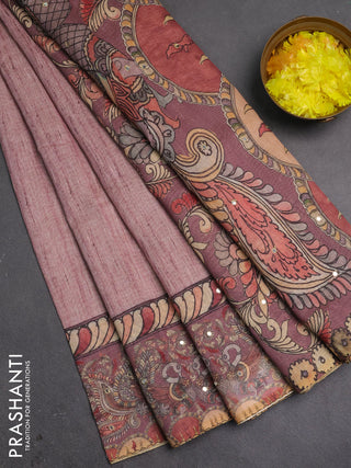 Linen cotton saree pastel pink with plain body and printed mirror work border