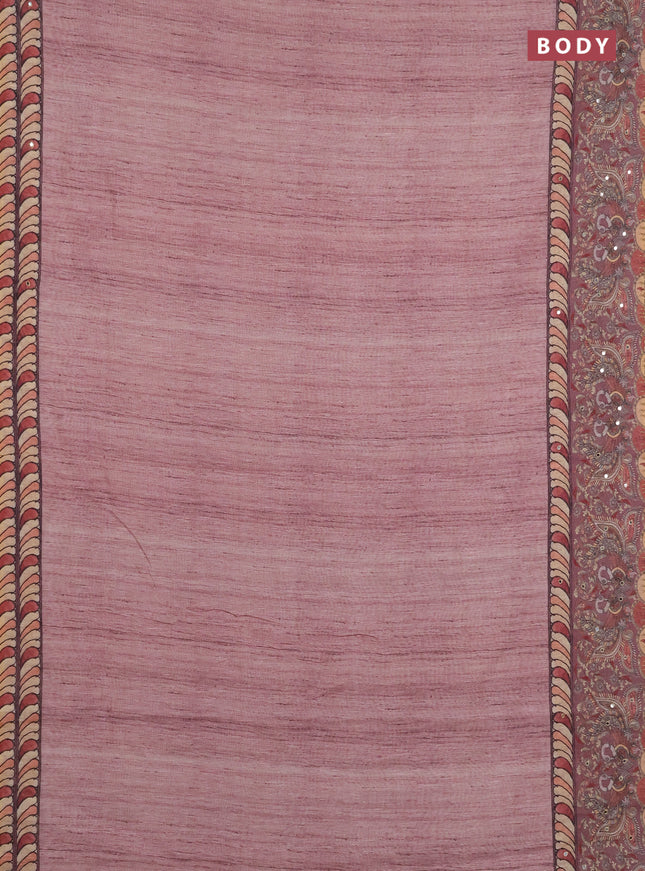 Linen cotton saree pastel pink with plain body and printed mirror work border