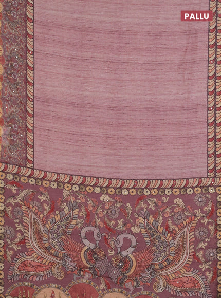 Linen cotton saree pastel pink with plain body and printed mirror work border