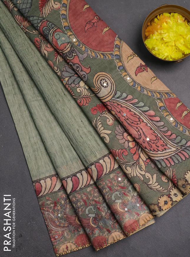 Linen cotton saree green shade and olive green with plain body and printed mirror work border