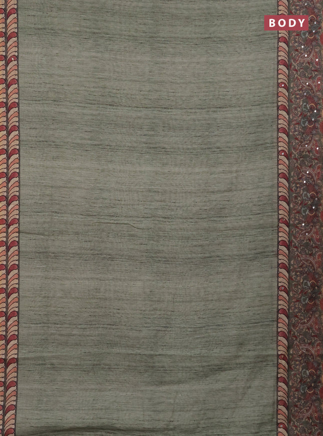 Linen cotton saree green shade and olive green with plain body and printed mirror work border