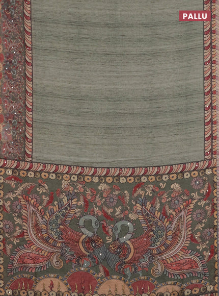 Linen cotton saree green shade and olive green with plain body and printed mirror work border