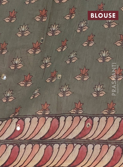 Linen cotton saree green shade and olive green with plain body and printed mirror work border