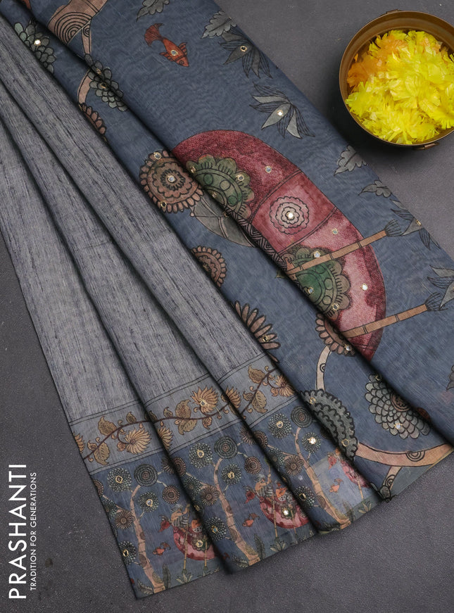 Linen cotton saree pastel grey and grey with plain body and printed mirror work border