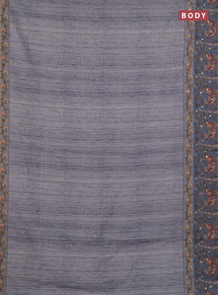 Linen cotton saree pastel grey and grey with plain body and printed mirror work border