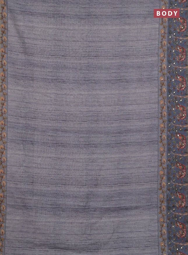 Linen cotton saree pastel grey and grey with plain body and printed mirror work border