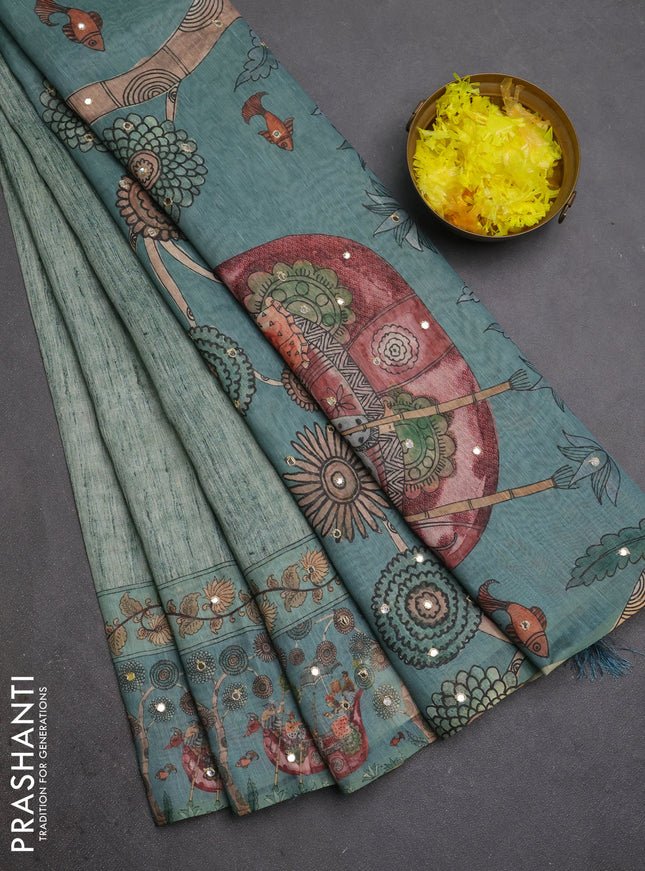 Linen cotton saree pastel green with plain body and printed mirror work border
