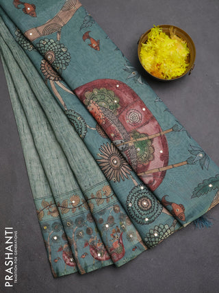Linen cotton saree pastel green with plain body and printed mirror work border