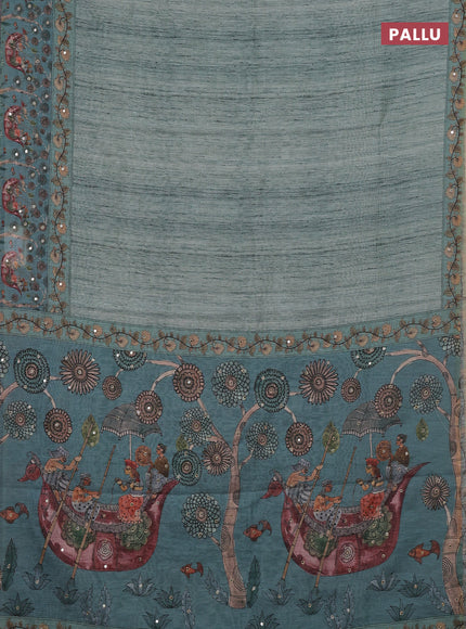 Linen cotton saree pastel green with plain body and printed mirror work border