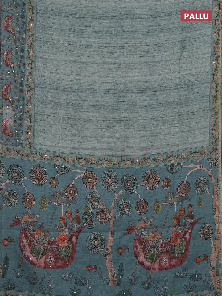 Linen cotton saree pastel green with plain body and printed mirror work border