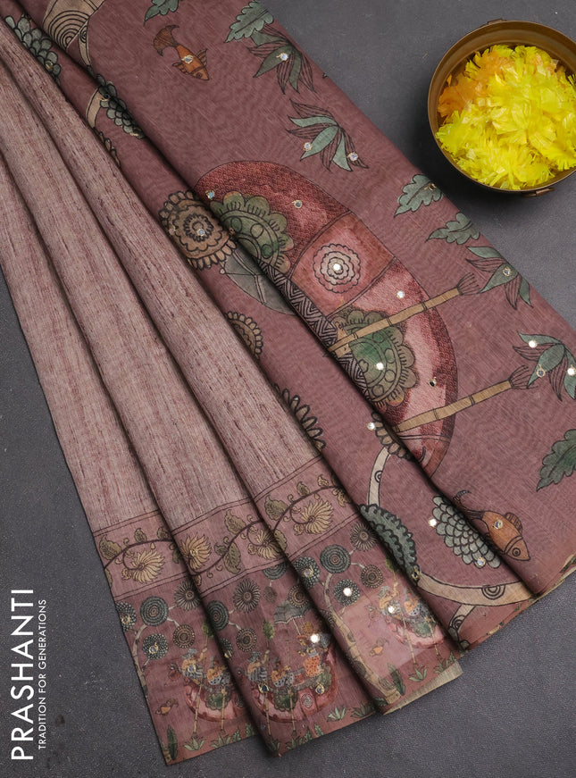 Linen cotton saree pastel brown and brown with plain body and printed mirror work border