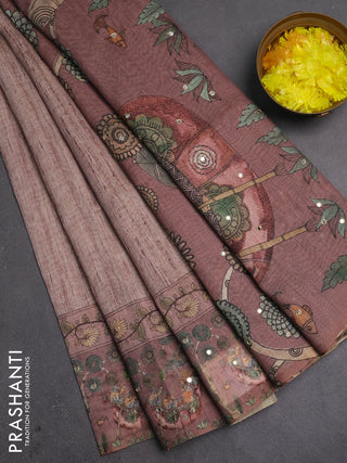 Linen cotton saree pastel brown and brown with plain body and printed mirror work border