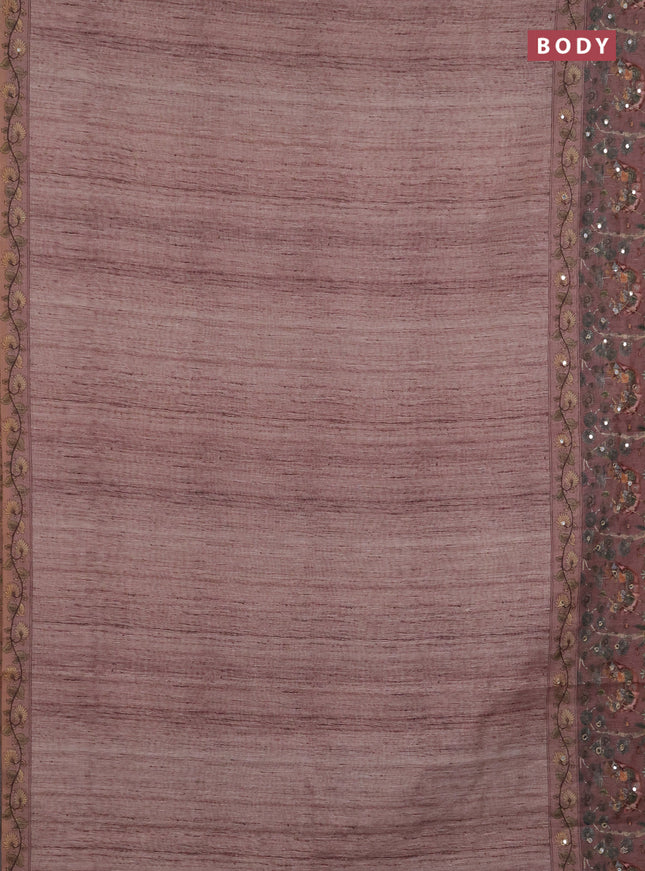 Linen cotton saree pastel brown and brown with plain body and printed mirror work border