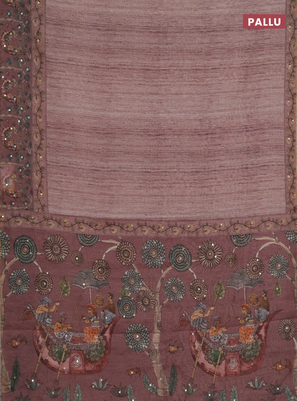 Linen cotton saree pastel brown and brown with plain body and printed mirror work border