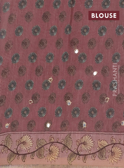 Linen cotton saree pastel brown and brown with plain body and printed mirror work border
