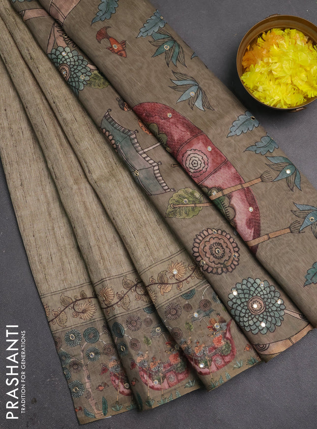 Linen cotton saree pastel green and olive green with plain body and printed mirror work border