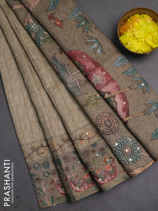 Linen cotton saree pastel green and olive green with plain body and printed mirror work border