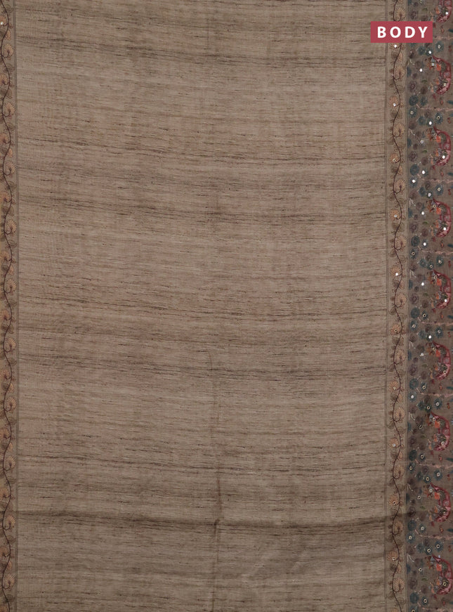 Linen cotton saree pastel green and olive green with plain body and printed mirror work border