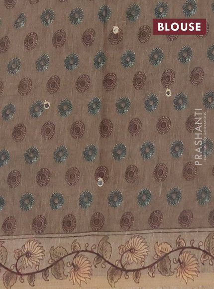 Linen cotton saree pastel green and olive green with plain body and printed mirror work border