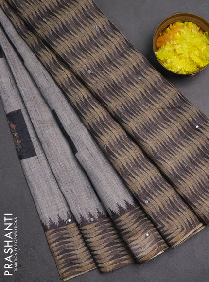 Linen cotton saree grey with allover prints & mirror work and mirror work border