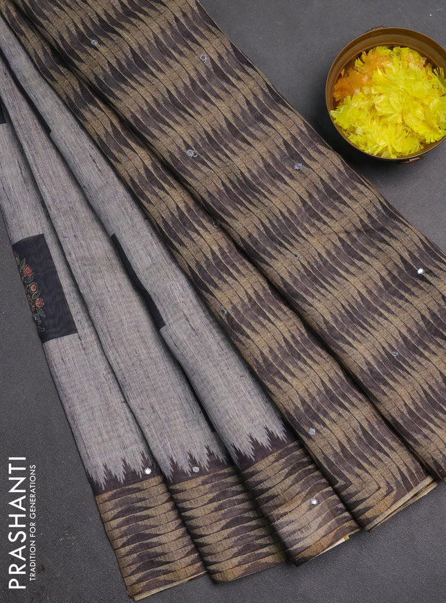 Linen cotton saree grey with allover prints & mirror work and mirror work border