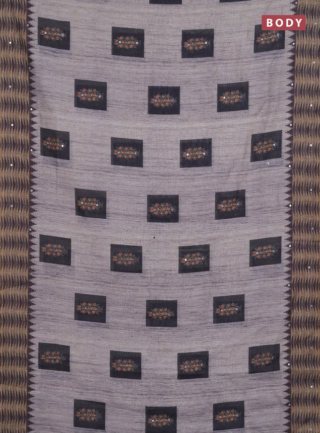 Linen cotton saree grey with allover prints & mirror work and mirror work border