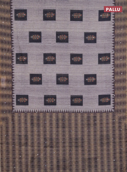 Linen cotton saree grey with allover prints & mirror work and mirror work border
