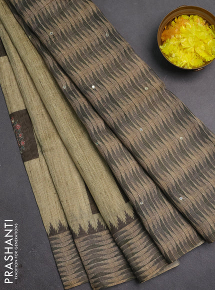 Linen cotton saree pista green and olive green with allover prints & mirror work and mirror work border
