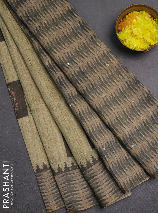 Linen cotton saree pista green and olive green with allover prints & mirror work and mirror work border
