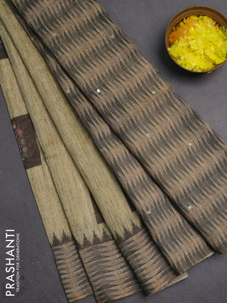 Linen cotton saree pista green and olive green with allover prints & mirror work and mirror work border