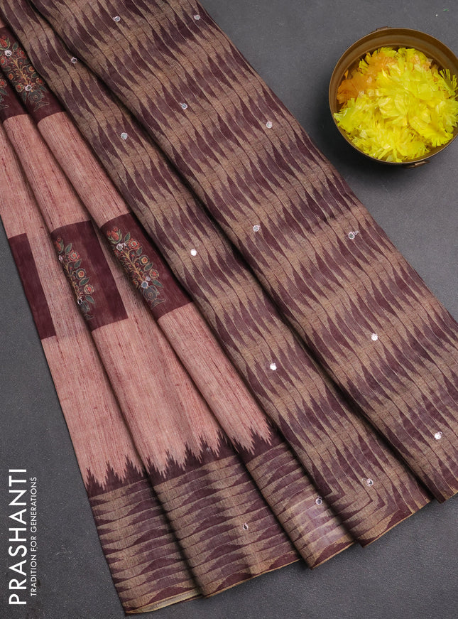 Linen cotton saree pastel maroon and wine shade with allover prints & mirror work and mirror work border